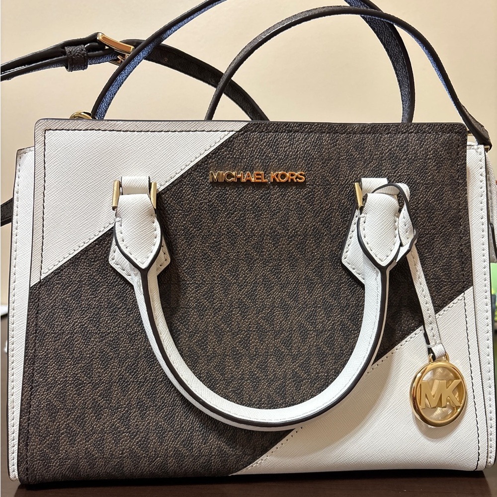 Michael Kors Brown and White Satchel with Gold Hardware
